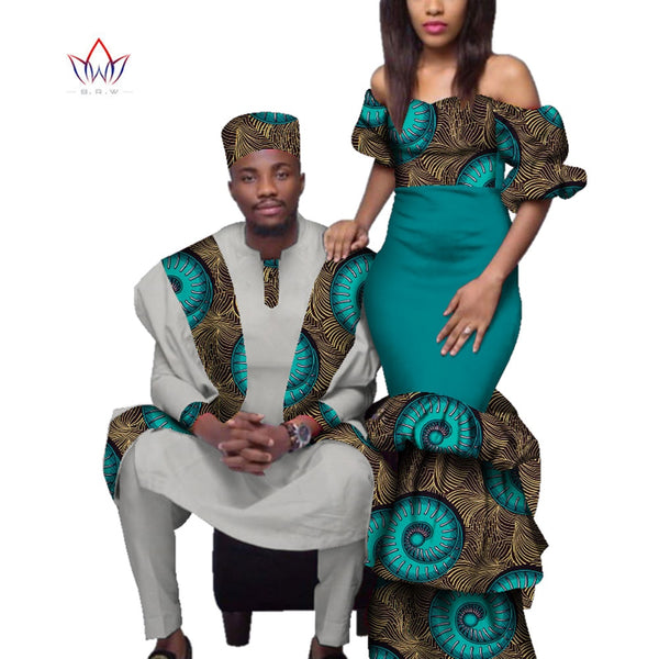 African Couples Clothing Women Bazin Riche Long Dresses Men Print Gown Top and Pants