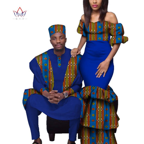 African Couples Clothing Women Bazin Riche Long Dresses Men Print Gown Top and Pants in Royal Blue