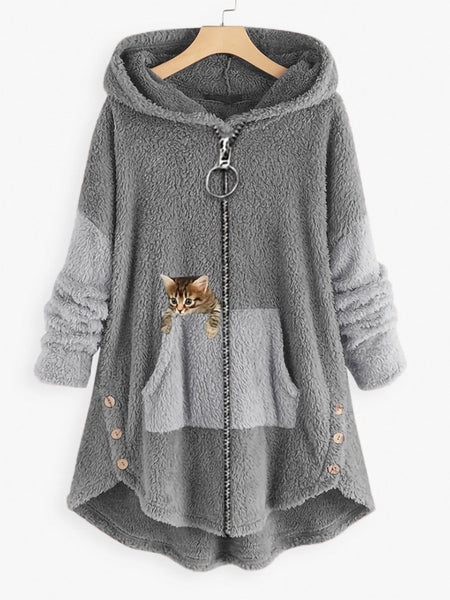 Womens Warm Fleece Zippered Cat Print Hoodies