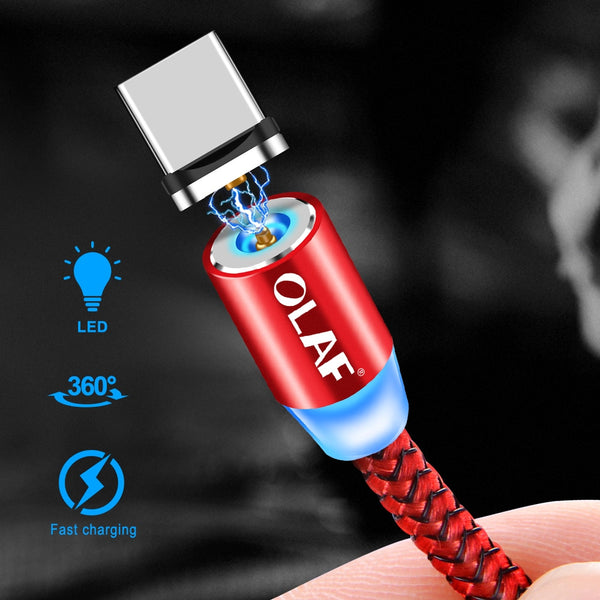 OLAF Magnetic Braided Micro USB charging cable, LED Type C, for Apple iphone X 7 8 6 Xs Max XR Samsung s9