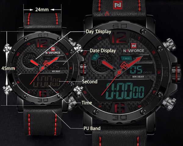 Mens NAVIFORCE Military Leather Watch - 30M Alarm Analog Digital Quartz Clock