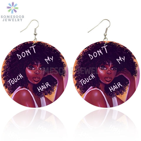 Womens Afro Girl Wooden Drop Earrings - Don't Touch My Hair, Double Sided