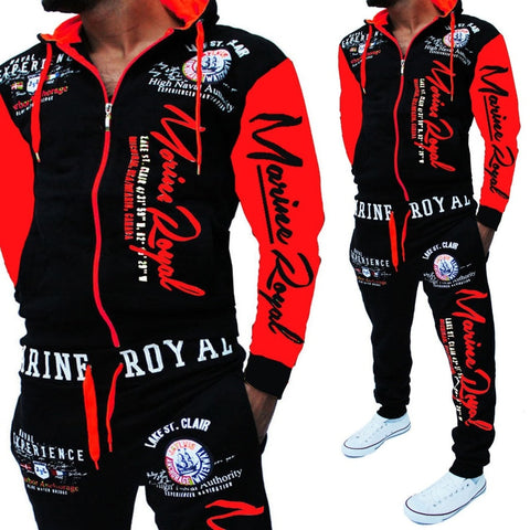 Mens 2 Piece Tracksuit - Marine Royal Print Red and Black