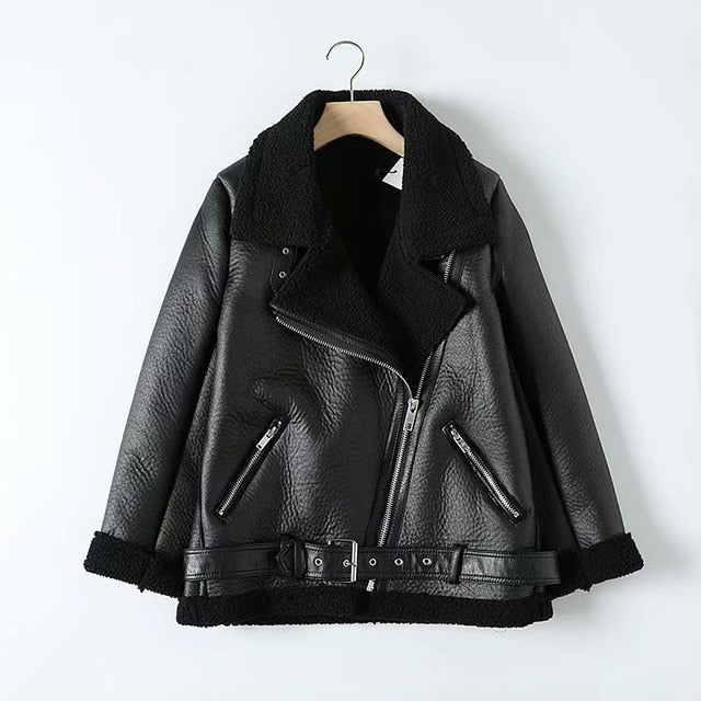 Womens Fur/Faux Leather Jacket - Belt turn down collar Winter Thick Oversized