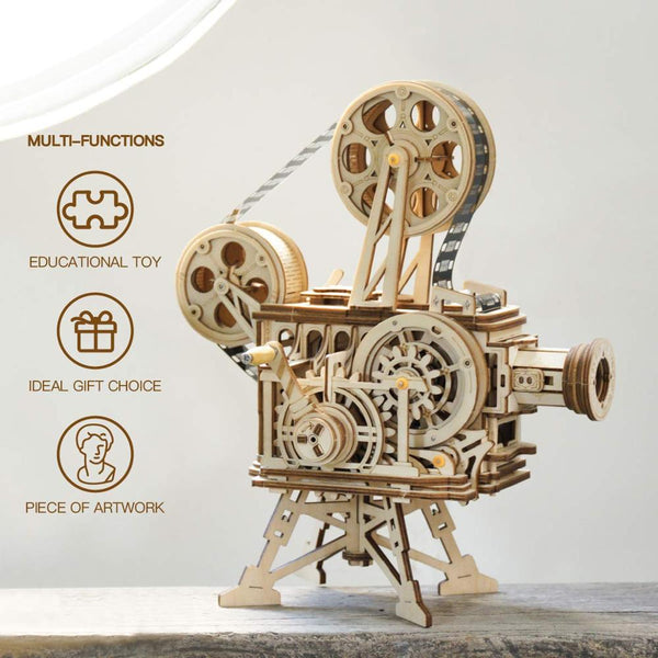 3D Wooden Model Building Puzzle - Classic Hand Crank, Real Film Projector/Vitascope, with moving parts