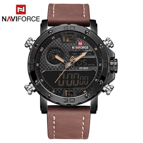 Mens NAVIFORCE Military Leather Watch - 30M Alarm Analog Digital Quartz Clock