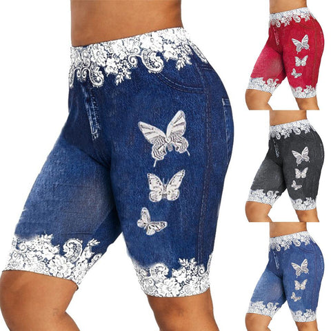 Womens Lacey Patchwork Butterfly Elastic Denim Shorts