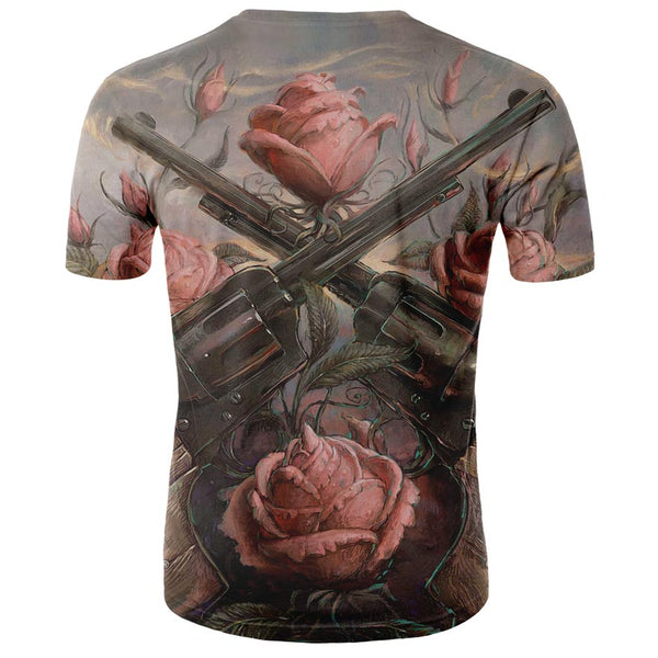 Men's 3D print Funny Optical Illusion T-shirts Guns and Pink Roses