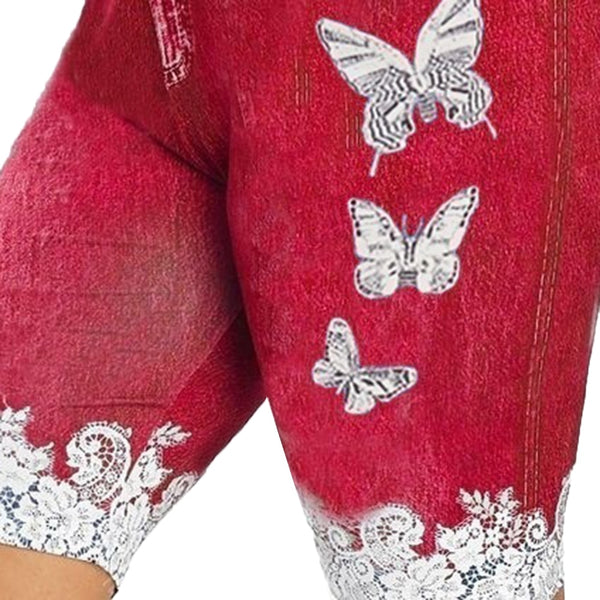 Womens Lacey Patchwork Butterfly Elastic Denim Shorts