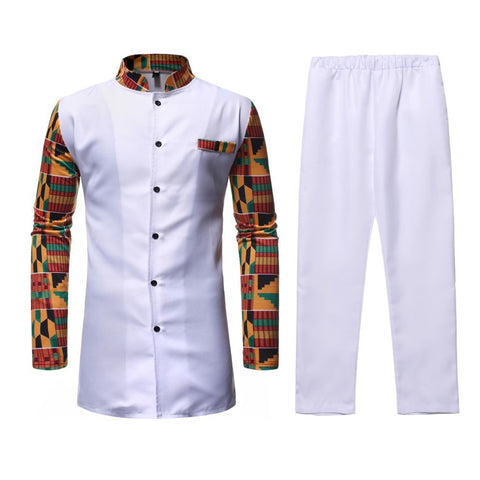 Mens 2piece Dashiki Set - Collar With Full Sleeve Shirt & White Trousers