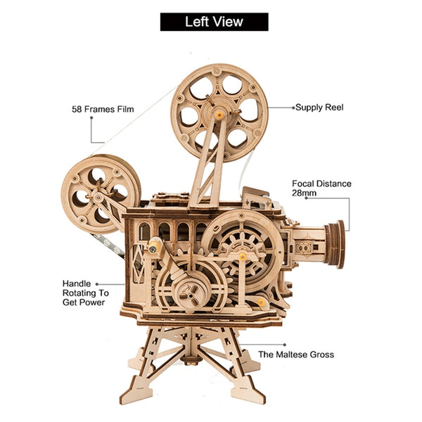 3D Wooden Model Building Puzzle - Classic Hand Crank, Real Film Projector/Vitascope, with moving parts
