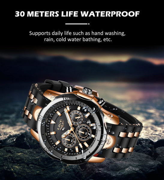 Mens LIGE Top Brand Luminous Quartz WristWatch - Life Waterproof, Military, Stop Watch, Shock Resistant, Auto Date, Chronograph, Complete Calendar