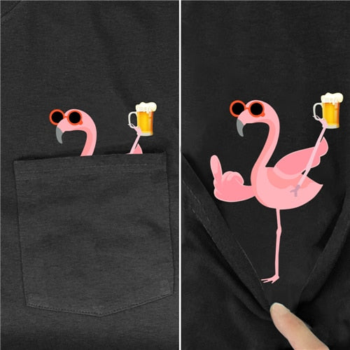 Animals in Pocket Giving Finger T-shirts-Flamingo drinking a beer