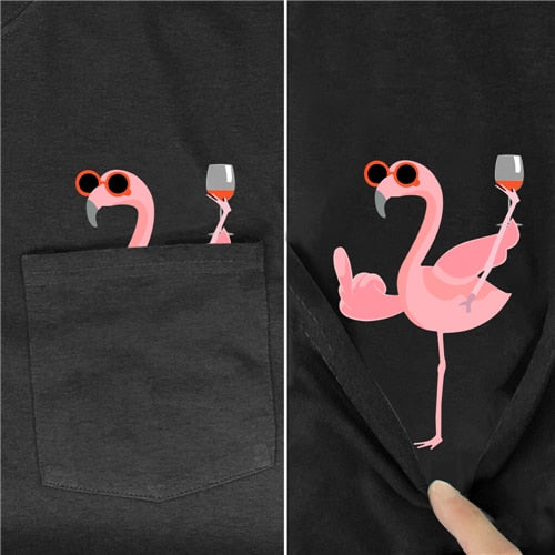 Flamingo with wine glass in Pocket Giving Finger T-shirt
