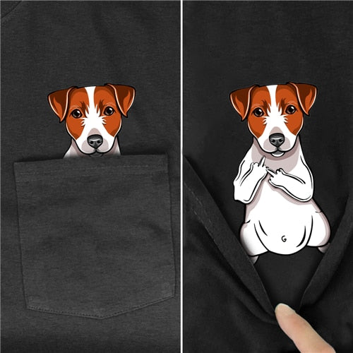 Brown and white dog in Pocket Giving Finger T-shirt