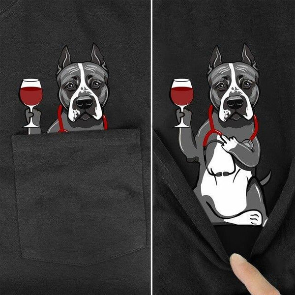 Animal in T-shirt Pocket giving the finger w wine glass and stethascope