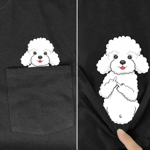 Animal in T-shirt Pocket giving the finger white poodle