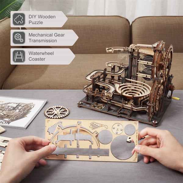 DIY Wooden Waterwheel Coaster Puzzle - Mechanical Gear Transmission, Marble Night City