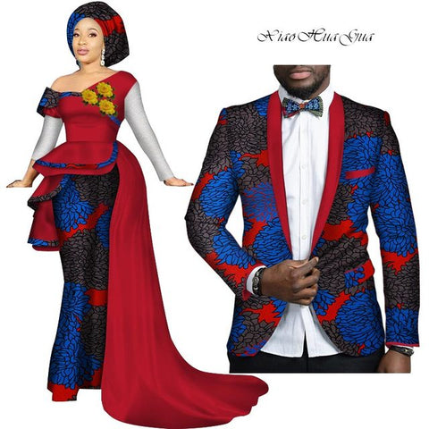 African Couples Clothing Women Dress Men Blazer Blue & Red