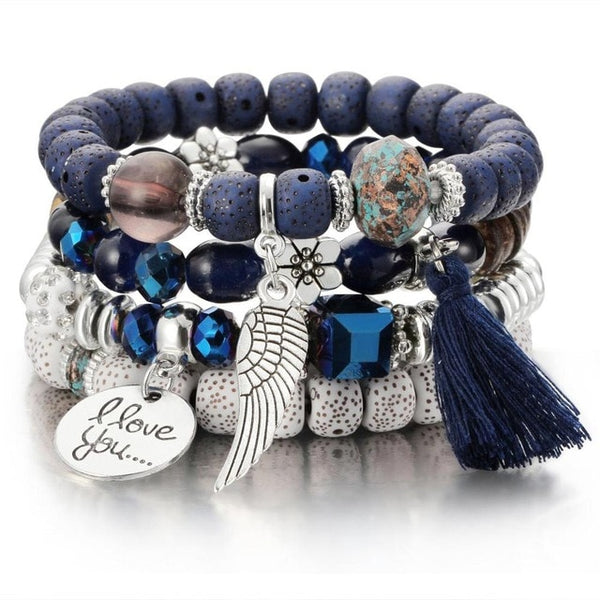 Womens Natural Stone Crystal Beads Bracelet and Charms